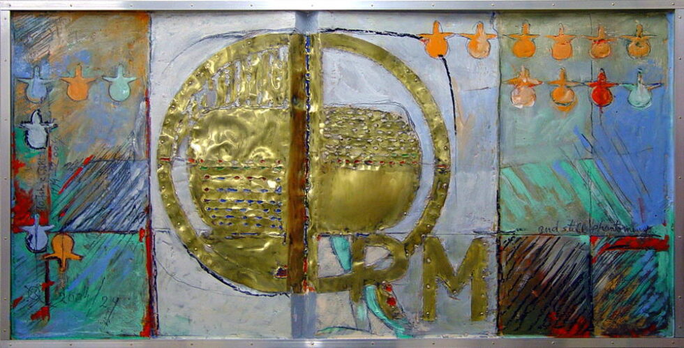 2004-29, QRM, 10 Jahre, 113x53 cm, brass, oil and plaster on wood